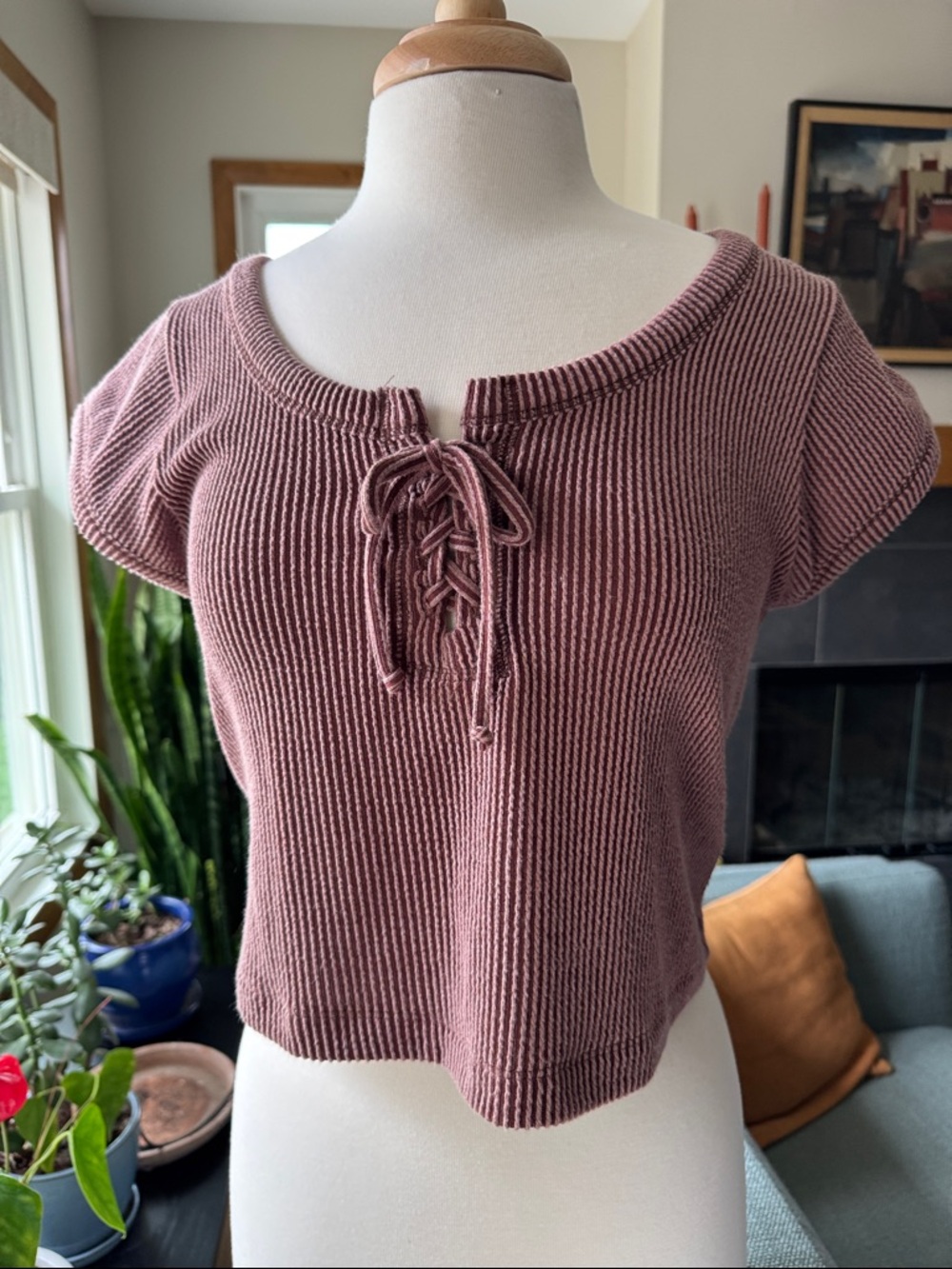 Urban Social Crop, tie front shirt in Dusty Rose